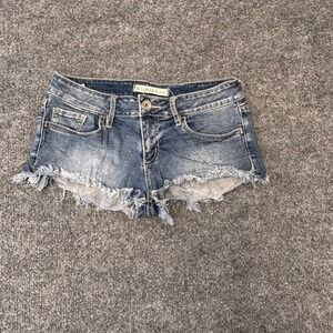 Bullhead Black Denim Shorts Womens Size 28 Blue Frayed Raw Hem Low Rise Cutoffs